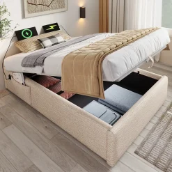 Lit Coffre Simple 90x190 cm avec Rangement Intégré et Port USB-C, Cadre Métal et Lin Naturel, Sans Matelas