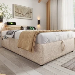 Lit Coffre Simple 90x190 cm avec Rangement Intégré et Port USB-C, Cadre Métal et Lin Naturel, Sans Matelas