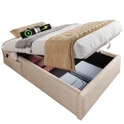 Lit Coffre Simple 90x190 cm avec Rangement Intégré et Port USB-C, Cadre Métal et Lin Naturel, Sans Matelas