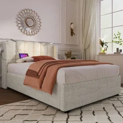 Lit Coffre Simple 90x200cm Rembourré Rangement Lin Naturel Blackcolors