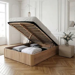 LIT COFFRE SPIRO 140x190cm + 1 SOMMIER / Décor Chêne Blanchi