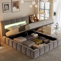 Lit coffre style nuage LED 160x200cm velours gris avec tête de lit et sommier - OMAHA