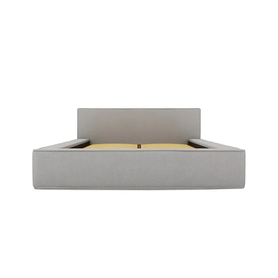 Lit coffre VELORA Gris sable bouclé 180x200 cm Tissu velours doux Sommier relevable Rangement intégré