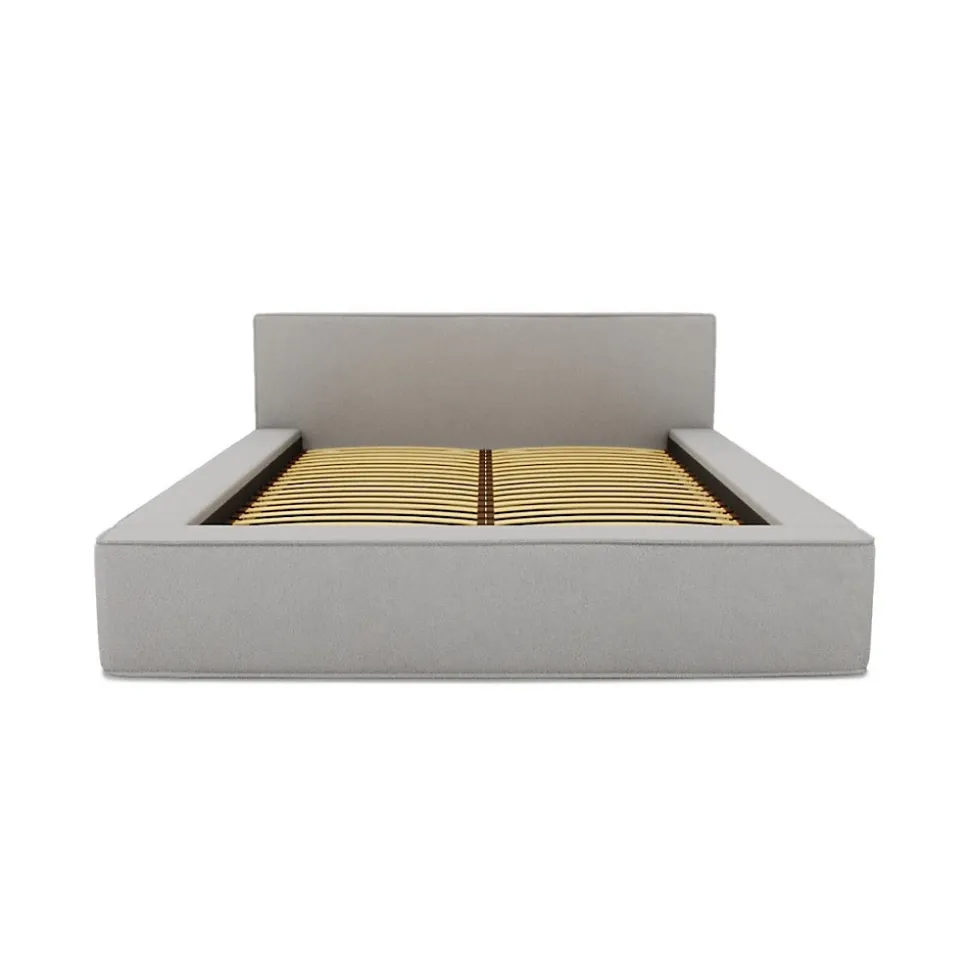 Lit coffre VELORA Gris sable bouclé 180x200 cm Tissu velours doux Sommier relevable Rangement intégré