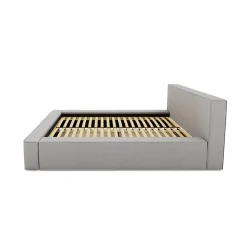 Lit coffre VELORA Gris sable bouclé 180x200 cm Tissu velours doux Sommier relevable Rangement intégré