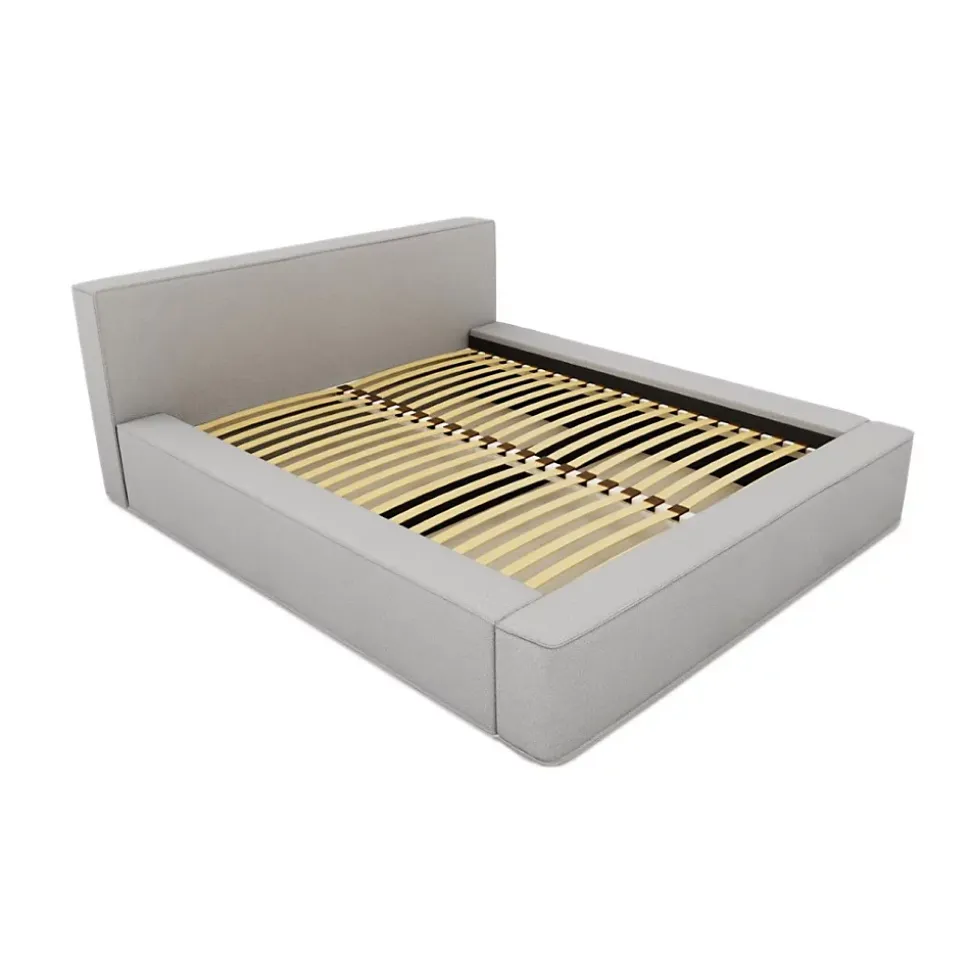 Lit coffre VELORA Gris sable bouclé 180x200 cm Tissu velours doux Sommier relevable Rangement intégré