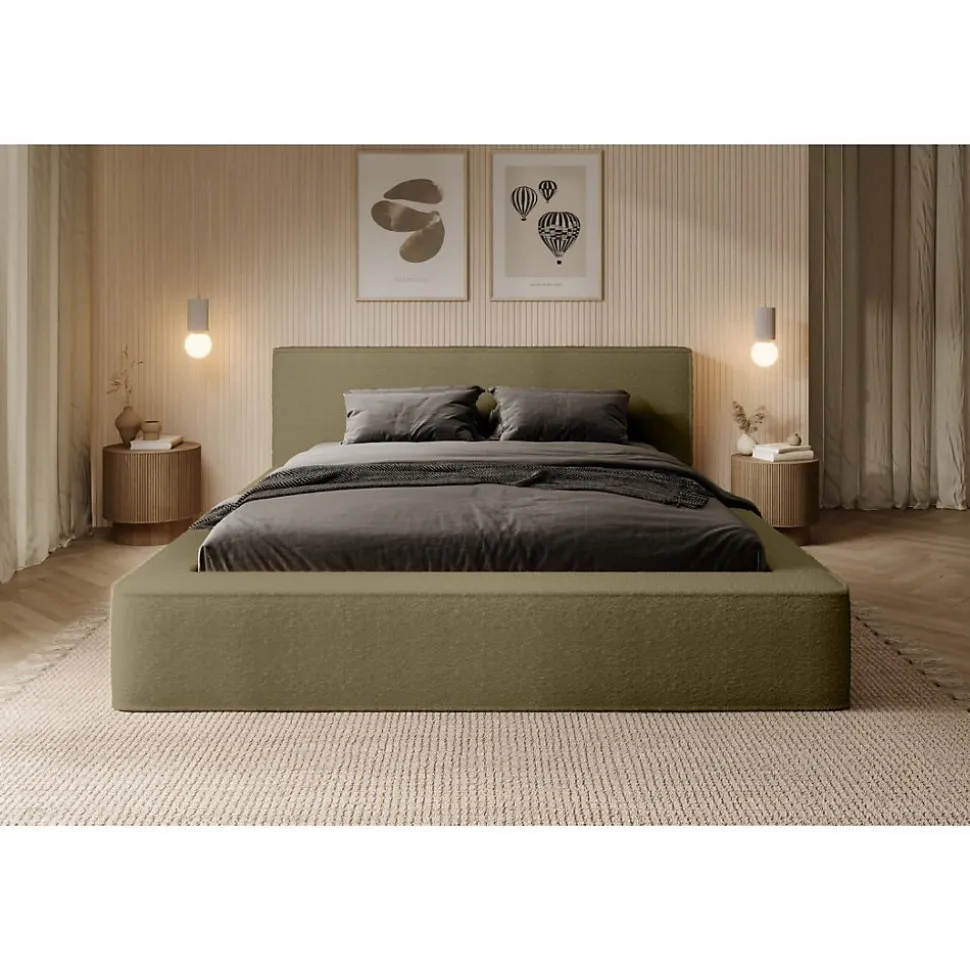 Lit coffre VELORA Olive bouclé 160x200 cm Tissu velours doux Sommier relevable Rangement intégré