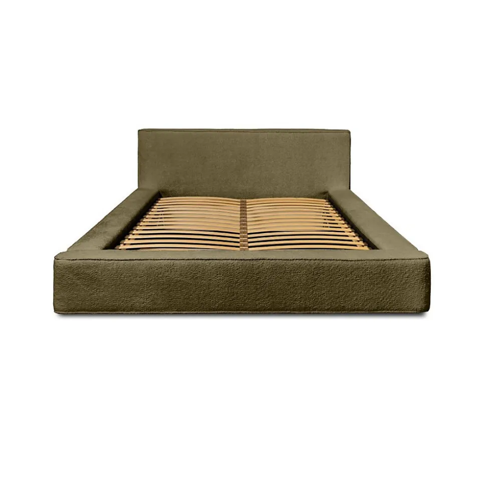 Lit coffre VELORA Olive bouclé 160x200 cm Tissu velours doux Sommier relevable Rangement intégré