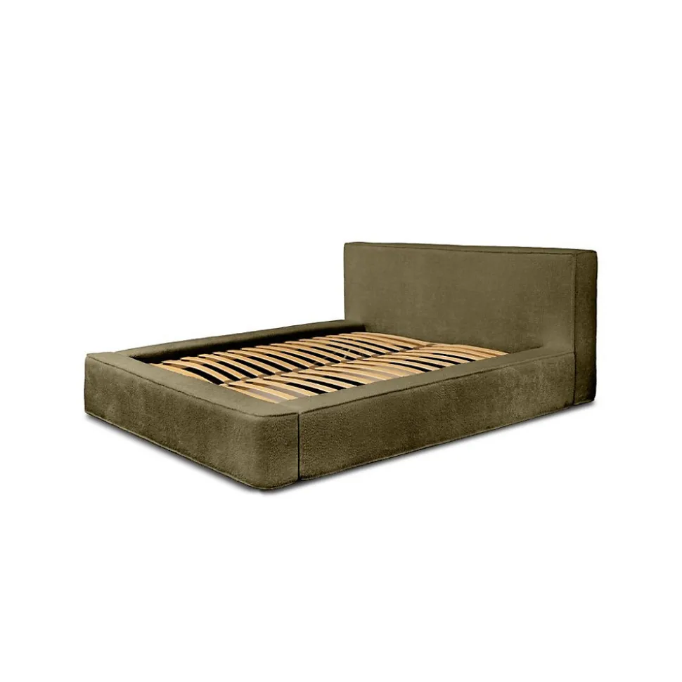 Lit coffre VELORA Olive bouclé 160x200 cm Tissu velours doux Sommier relevable Rangement intégré
