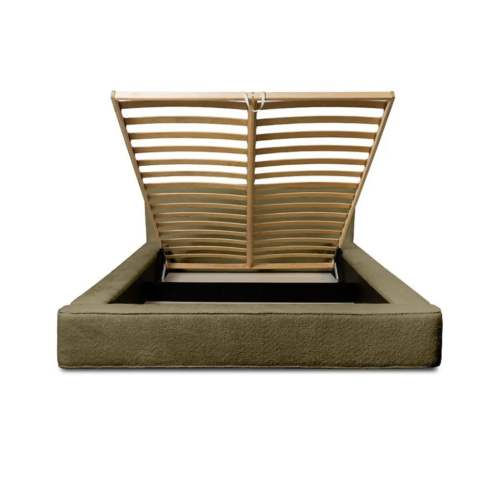 Lit coffre VELORA Olive bouclé 160x200 cm Tissu velours doux Sommier relevable Rangement intégré