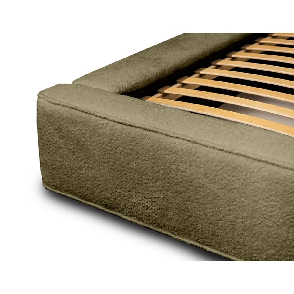 Lit coffre VELORA Olive bouclé 160x200 cm Tissu velours doux Sommier relevable Rangement intégré