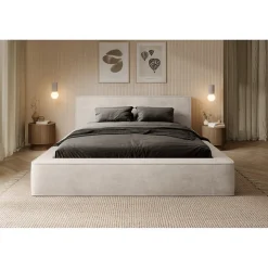 Lit coffre VELORA Perle 160x200 cm Tissu velours doux Sommier relevable Rangement intégré