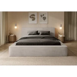 Lit coffre VELORA Sable 140x200 cm Tissu velours doux Sommier relevable Rangement intégré