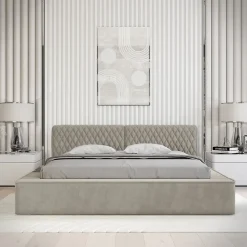 Lit coffre VERNON Tissu chenille bouclé Taupe fumé 160x200 cm Sommier relevable Design haut de gamme