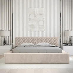 Lit coffre VERNON Tissu chenille bouclé Sable rosé 140x200 cm Sommier relevable Design haut de gamme