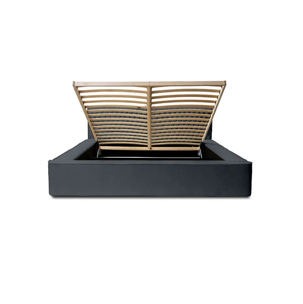 Lit coffre VERNON Tissu chenille bouclé Charbon bleu 180x200 cm Sommier relevable Design haut de gamme