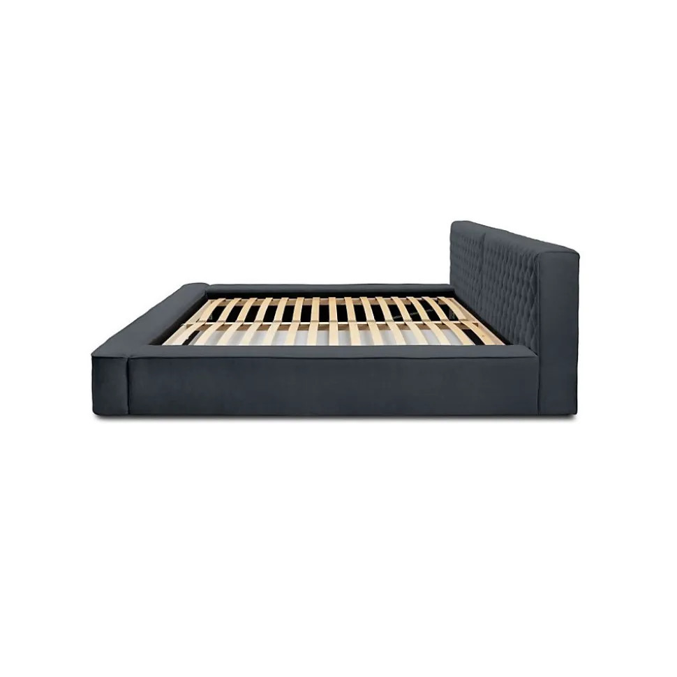 Lit coffre VERNON Tissu chenille bouclé Charbon bleu 180x200 cm Sommier relevable Design haut de gamme