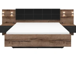 Lit coffre 160x200 + 2 tables de chevet éclairage LED avec sommier et rangement coloris Chêne marron foncé/Chêne noir