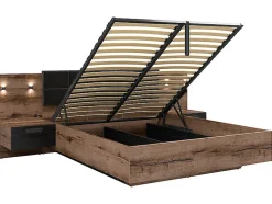 Lit coffre 160x200 + 2 tables de chevet éclairage LED avec sommier et rangement coloris Chêne marron foncé/Chêne noir