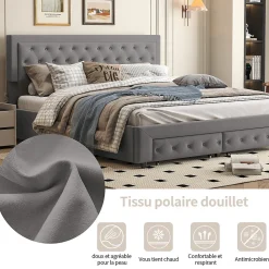 Lit coffre 180x200 avec 2 tiroirs, Lit rembourré avec sommier à lattes, tissu en velours et décoration de boutons, gris