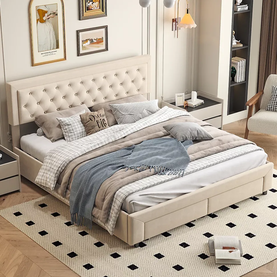 Lit coffre 160x200 avec 2 tiroirs, Lit rembourré avec sommier à lattes, tissu en velours et décoration de boutons, beige