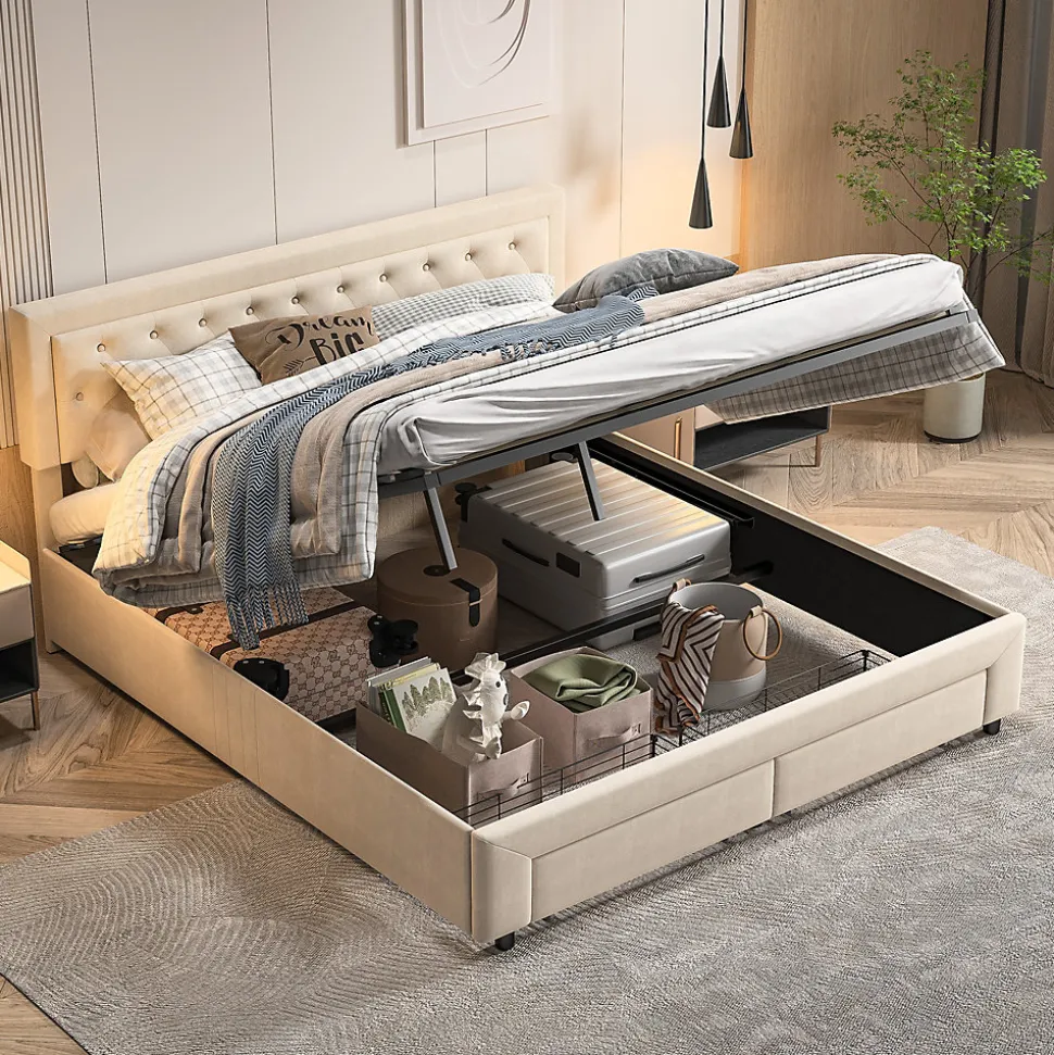 Lit coffre 160x200 avec 2 tiroirs, Lit rembourré avec sommier à lattes, tissu en velours et décoration de boutons, beige