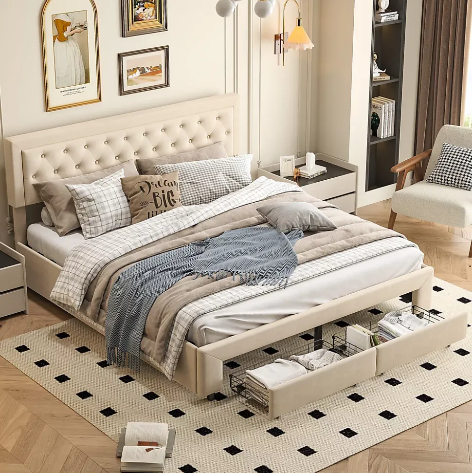 Lit coffre 160x200 avec 2 tiroirs, Lit rembourré avec sommier à lattes, tissu en velours et décoration de boutons, beige