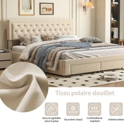 Lit coffre 160x200 avec 2 tiroirs, Lit rembourré avec sommier à lattes, tissu en velours et décoration de boutons, beige
