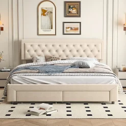 Lit coffre 160x200 avec 2 tiroirs, Lit rembourré avec sommier à lattes, tissu en velours et décoration de boutons, beige