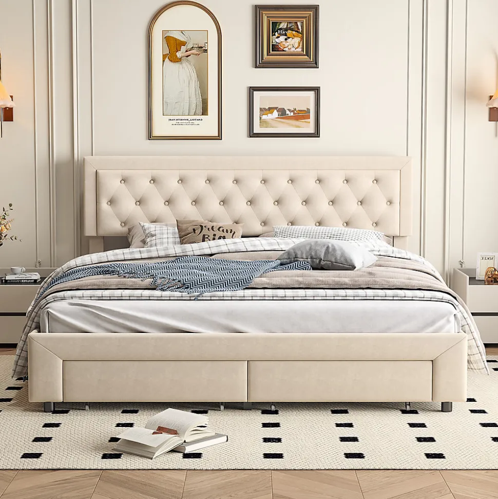 Lit coffre 160x200 avec 2 tiroirs, Lit rembourré avec sommier à lattes, tissu en velours et décoration de boutons, beige