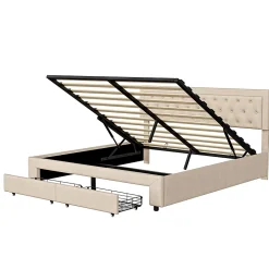 Lit coffre 160x200 avec 2 tiroirs, Lit rembourré avec sommier à lattes, tissu en velours et décoration de boutons, beige
