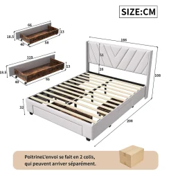 Lit coffre 160x200 avec 3 tiroirs, lit tapissé avec sommier à lattes, lit double, beige
