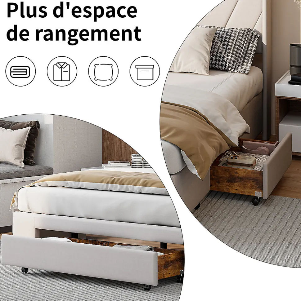 Lit coffre 160x200 avec 3 tiroirs, lit tapissé avec sommier à lattes, lit double, beige