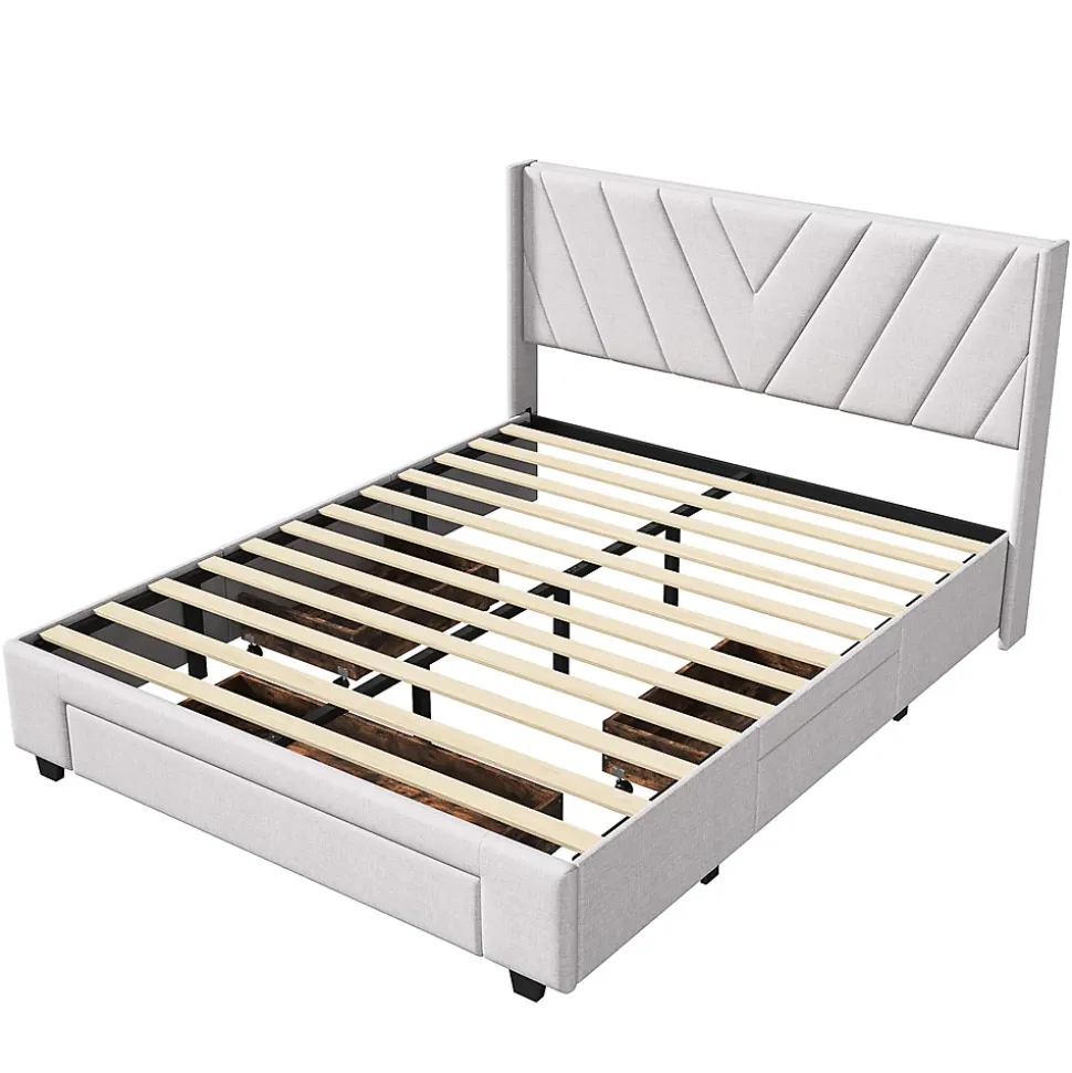 Lit coffre 160x200 avec 3 tiroirs, lit tapissé avec sommier à lattes, lit double, beige