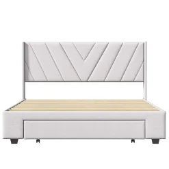 Lit coffre 160x200 avec 3 tiroirs, lit tapissé avec sommier à lattes, lit double, beige