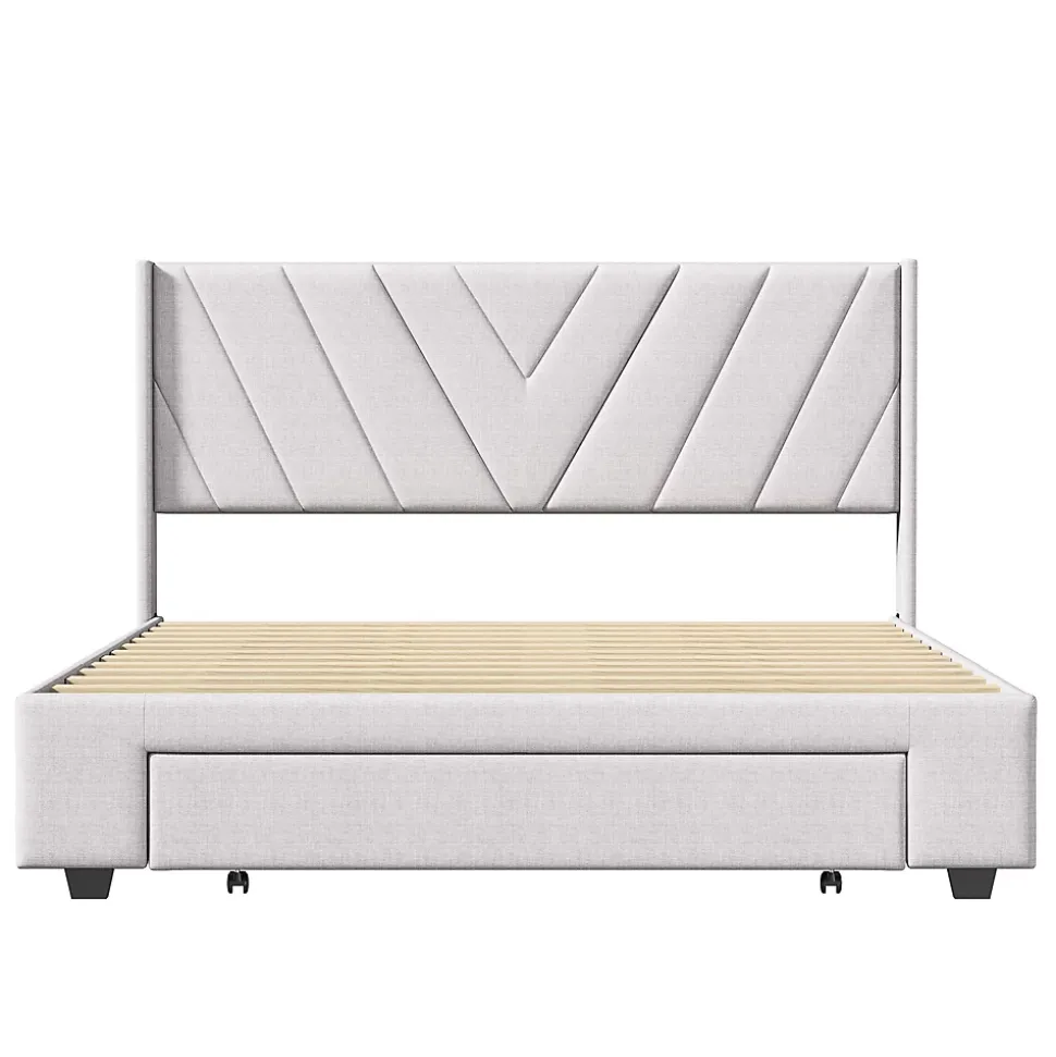 Lit coffre 160x200 avec 3 tiroirs, lit tapissé avec sommier à lattes, lit double, beige