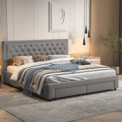 Lit coffre 160x200 avec 2 tiroirs, Lit rembourré avec sommier à lattes, tissu en velours et décoration de boutons, gris