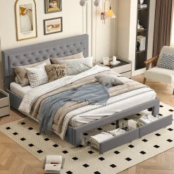 Lit coffre 160x200 avec 2 tiroirs, Lit rembourré avec sommier à lattes, tissu en velours et décoration de boutons, gris