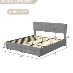 Lit coffre 160x200 avec 2 tiroirs, Lit rembourré avec sommier à lattes, tissu en velours et décoration de boutons, gris