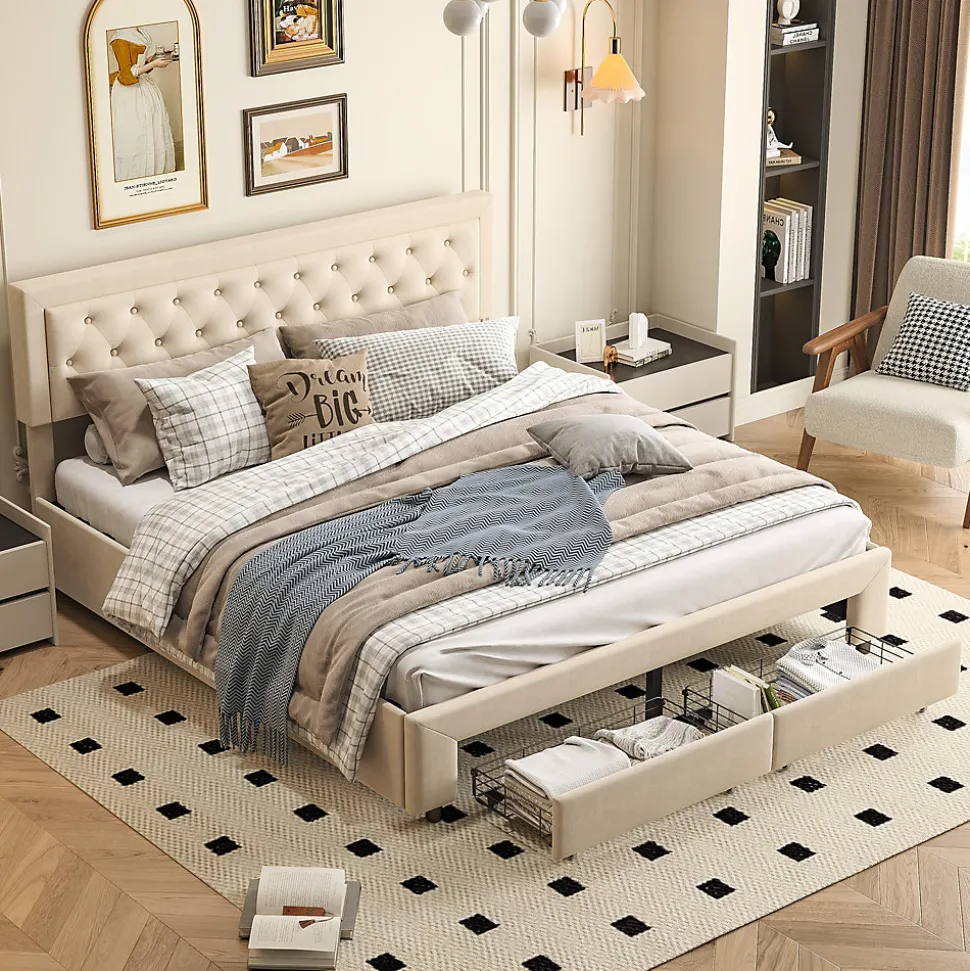Lit coffre 160x200 avec 2 tiroirs, Lit rembourré avec sommier à lattes, tissu en velours et décoration de boutons, beige