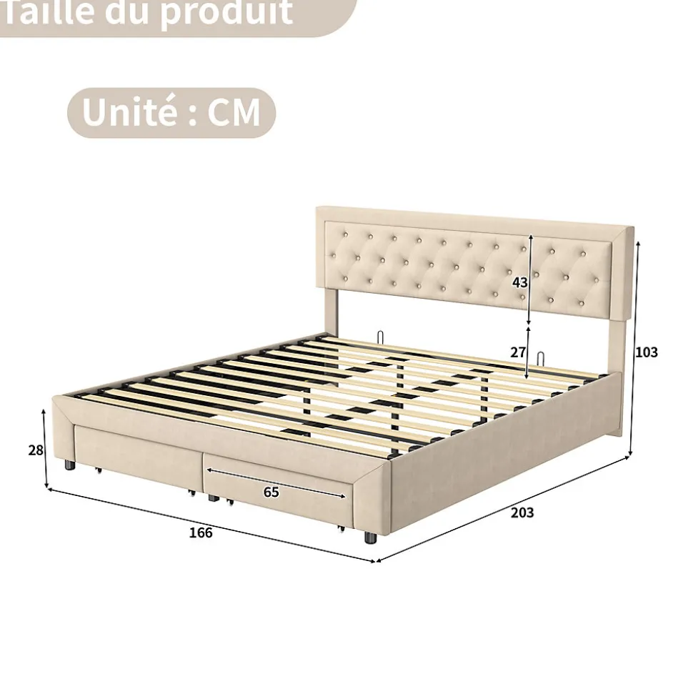 Lit coffre 160x200 avec 2 tiroirs, Lit rembourré avec sommier à lattes, tissu en velours et décoration de boutons, beige