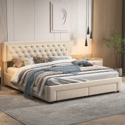 Lit coffre 160x200 avec 2 tiroirs, Lit rembourré avec sommier à lattes, tissu en velours et décoration de boutons, beige