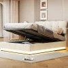 Lit Coffre 160x200 avec éclairage LED, Lit capitonné avec Sommier à Lattes, Velours, Beige