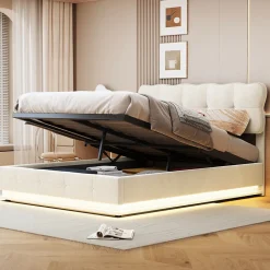 Lit Coffre 160x200 avec éclairage LED, Lit capitonné avec Sommier à Lattes, Velours, Beige