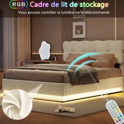 Lit Coffre 160x200 avec éclairage LED, Lit capitonné avec Sommier à Lattes, Velours, Beige