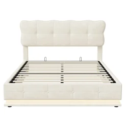 Lit Coffre 160x200 avec éclairage LED, Lit capitonné avec Sommier à Lattes, Velours, Beige