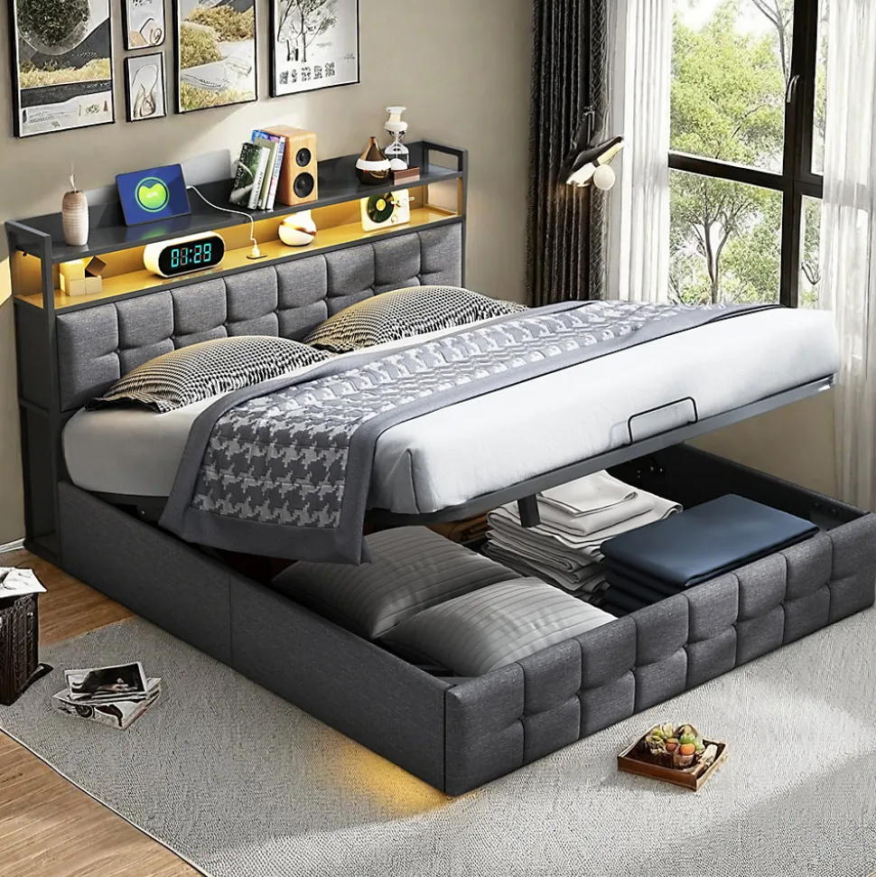 Lit Coffre 160x200 avec Rangement, LED, Sommier à Lattes, Prises USB/Type-C, Lit Double en Lin, Gris