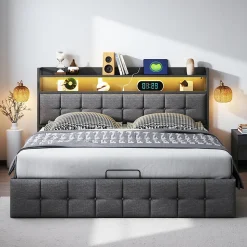 Lit Coffre 160x200 avec Rangement, LED, Sommier à Lattes, Prises USB/Type-C, Lit Double en Lin, Gris
