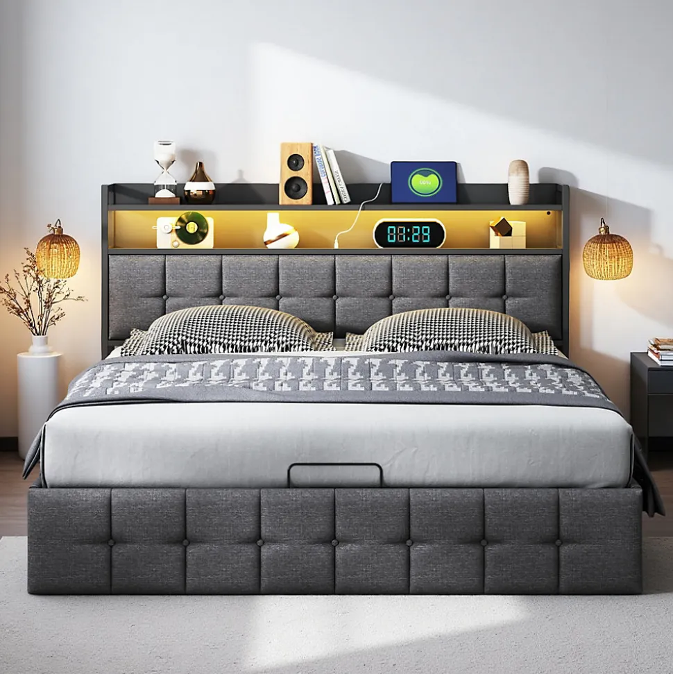 Lit Coffre 160x200 avec Rangement, LED, Sommier à Lattes, Prises USB/Type-C, Lit Double en Lin, Gris