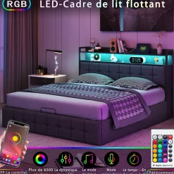 Lit Coffre 140x200 avec Rangement et éclairage LED, Sommier à Lattes, Lit Double avec USB et Type-C, Lit 2 Personnes, Lin, Gris